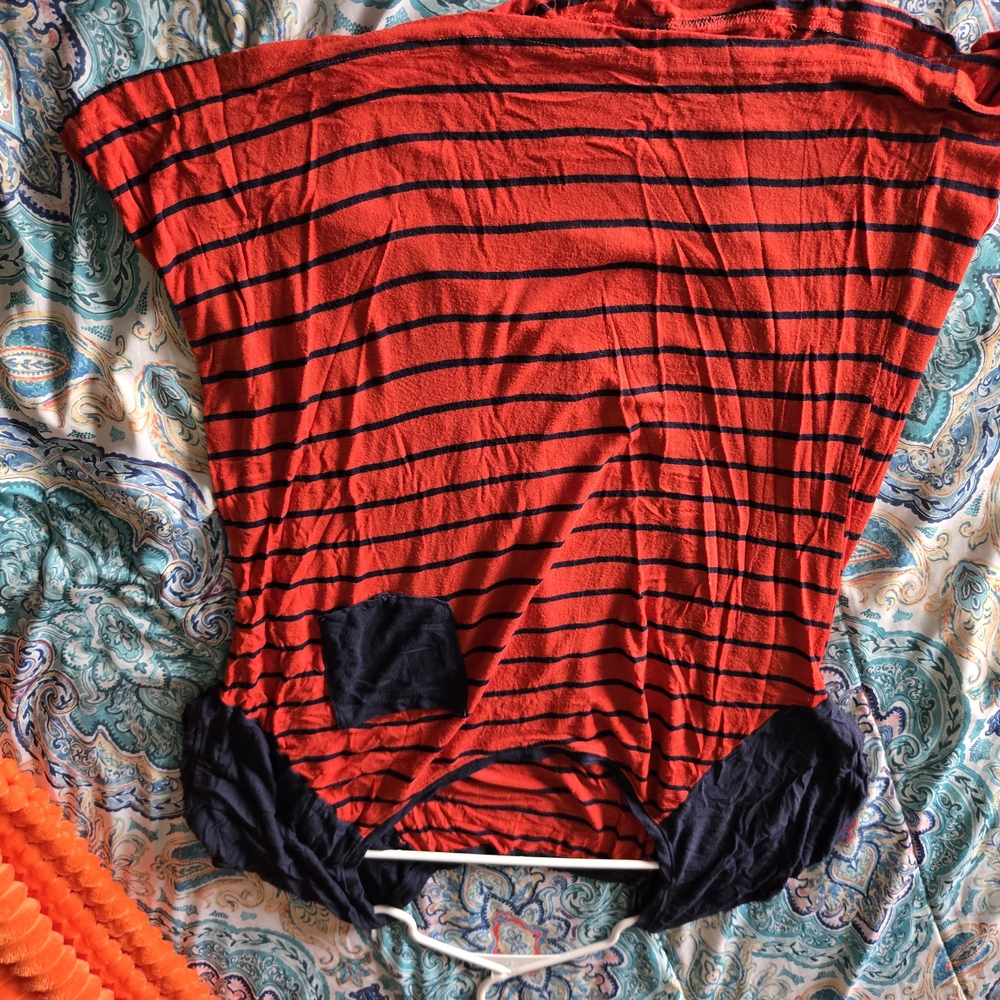 Red and Black Striped Tee with Black Accents